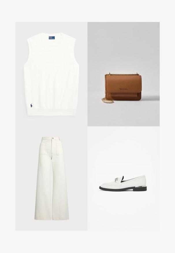 Sweater branco sem mangas, feito de algodão liso, com uma bainha canelada e um pequeno logotipo em navy na parte inferior esquerda. Design simples, sem padrões.; Jeans de perna larga em denim off-white. Design de cintura alta com fecho de botão, dois bolsos frontais e detalhes de costura em contraste.; Mocassins de couro branco com uma sola preta baixa, detalhes em metal prateado na parte da frente e um design liso e estruturado.; Bolsa crossbody de couro texturizado castanho com alça de corrente dourada e fecho com aba. A parte da frente apresenta detalhe do logótipo e um bolso sob a aba.