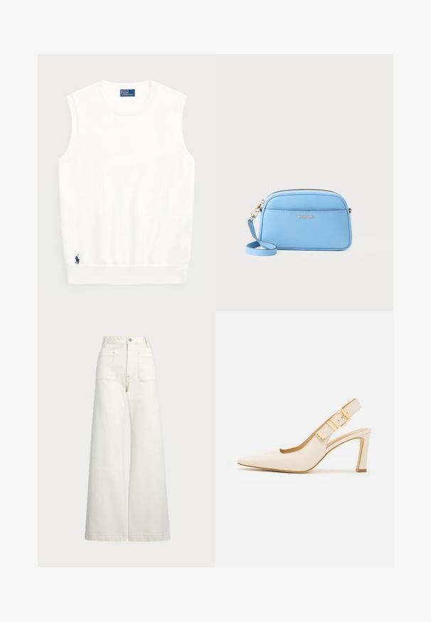 Balta be rankovių liemenė, pagaminta iš lygios medvilnės, su raukštu apvadu ir mažuoju tamsiai mėlynu logotipu apatiniame kairiajame kampe. Paprastas dizainas, be raštų.; Plati kojinės džinsai of white denimo. Aukštas liemuo, su mygtuko uždarymu, dviem priekinėmis kišenėmis ir kontrastingai siuvinėjimu.; MICHAEL Michael Kors DARRINGTON SLING - Aukštakulniai - light cream; Šviesiai mėlyna odinė per Petį nešama rankinė su auksinės spalvos detalėmis, užtrauktuko uždarymu ir priekinėmis kišenėmis. Yra reguliuojama dirželis patogumui.