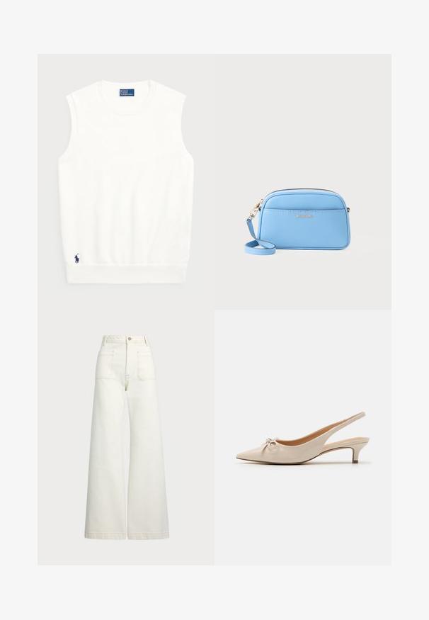 Fehér ujjatlan pulóver sima pamutból, bordás szegéllyel és kis sötétkék logóval a bal alsó részen. Egyszerű dizájn, minta nélkül.; Széles szárú farmernadrág off-white denim anyagból. Magas derekú dizájn, gombos záródással, két elülső zsebbel és kontrasztos varrási részletekkel.; Beige lakkbőr slingback magassarkú cipők hegyes orral és díszes masnival a lábfejen. Alacsony, karcsú sarka és sima felülete van.; Világoskék bőr keresztpántos táska aranyszínű fémszerelvényekkel, cipzáras záródással és elülső zsebbel. Állítható pánttal rendelkezik a kényelmes viselet érdekében.