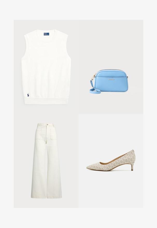 Balta be rankovių liemenė, pagaminta iš lygios medvilnės, su raukštu apvadu ir mažuoju tamsiai mėlynu logotipu apatiniame kairiajame kampe. Paprastas dizainas, be raštų.; Plati kojinės džinsai of white denimo. Aukštas liemuo, su mygtuko uždarymu, dviem priekinėmis kišenėmis ir kontrastingai siuvinėjimu.; Smailėsiu kojinį batą béžinės spalvos audiniu su geometriniu raštu, turinčiu žemą kulną ir elegantišką siluetą. Lygi tekstūra ir minimalūs akcentai.; Šviesiai mėlyna odinė per Petį nešama rankinė su auksinės spalvos detalėmis, užtrauktuko uždarymu ir priekinėmis kišenėmis. Yra reguliuojama dirželis patogumui.