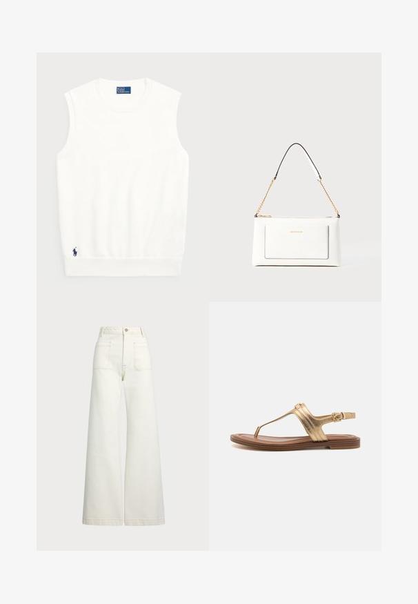 White sleeveless sweater made of smooth cotton, featuring a ribbed hem and a small navy logo on the bottom left. Simple design, no patterns.; Wide-leg jeans in off-white denim. High-waisted design with a button closure, two front pockets, and contrast stitching details.; Gold metallic sandals with a thong design, contrasting brown sole, buckle adjustment, and linear accents on the straps for secure fit.; White leather handbag with a textured finish, featuring a gold chain strap and black accents. Includes a front pocket and zipper closure.