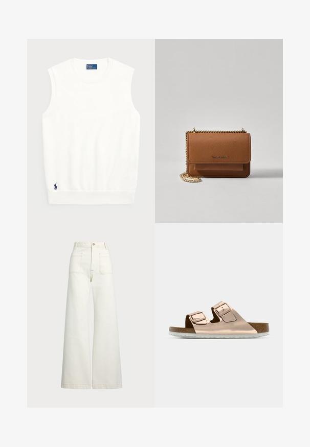 Bílé bezrukávové svetr vyrobený z hladké bavlny, s ribbovaným lemem a malým námořnickým logem ve spodním levém rohu. Jednoduchý design, bez vzorů.; Džíny s širokými nohavicemi v off-white denim. Vysoký pas s knoflíkovým zapínáním, dvě přední kapsy a detaily kontrastního šití.; Růžově zlaté skluzné sandály s dvěma nastavitelnými kovovými přezkami, korkovou stélkou a bílou gumovou podrážkou. Hladký metalický povrch, design s otevřenou špičkou.; Hnědá texturovaná kožená kabelka přes rameno se zlatým řetízkovým popruhem a klopnovým uzavíráním. Přední strana obsahuje detail loga a kapsu pod klopou.