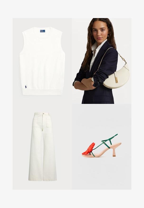 Suéter blanco sin mangas hecho de algodón suave, con un dobladillo acanalado y un pequeño logo azul marino en la parte inferior izquierda. Diseño simple, sin patrones.; Jeans de pierna ancha en denim color blanco roto. Diseño de cintura alta con cierre de botón, dos bolsillos frontales y detalles de costura en contraste.; Loeffler Randall FRANK - Sandalias tobilleras - nude/green/red; Bolso de mano de cuero blanco con forma curva, herrajes dorados y un acabado texturizado, llevado sobre un blazer oscuro y una camisa blanca.