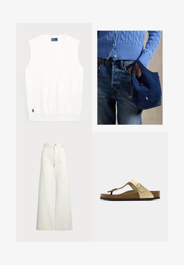 White sleeveless sweater made of smooth cotton, featuring a ribbed hem and a small navy logo on the bottom left. Simple design, no patterns.; Wide-leg jeans in off-white denim. High-waisted design with a button closure, two front pockets, and contrast stitching details.; Cork footbed sandal in light gold with a thong design and adjustable buckle. Features a textured outsole for grip. Neutral color scheme.; Navy suede handbag with soft texture, dual handles, and a small attached tag. Features a white logo on the front and a rounded bottom.