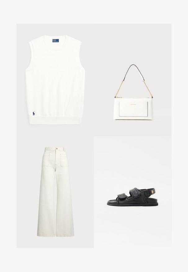 Balts bezpaliktņa džemperis, izgatavots no gludas kokvilnas, ar ribotu apmalīti un mazu tumši zilu logotipu apakšējā kreisajā stūrī. Vienkārša dizaina, bez rakstiem.; Platās kājas džinsi off-white denima. Augsta jostasvieta ar pogu aizdari, divas priekšējās kabatas un kontrastējošas šuvju detaļas.; sandro Sandales - noir; Baltā ādas rokassomu ar teksturētu apdari, ar zelta ķēdes siksnu un melniem akcentiem. Iekļauj priekšējo kabatu un aizdari ar rāvējslēdzēju.