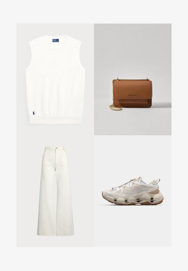 Pull sans manches blanc en coton lisse, avec un ourlet côtelé et un petit logo bleu marine en bas à gauche. Design simple, sans motifs.; Jeans large en denim écru. Design taille haute avec une fermeture à bouton, deux poches avant et des détails de surpiqûres contrastantes.; Des baskets blanches légères présentent un dessus en maille, des accents texturés, une semelle épaisse et sculptée, ainsi qu'une semelle extérieure en caoutchouc avec un motif de bande de roulement marron.; Sac en cuir texturé marron en bandoulière avec une sangle en chaîne dorée et une fermeture à rabat. L'avant présente un détail de logo et une poche sous le rabat.