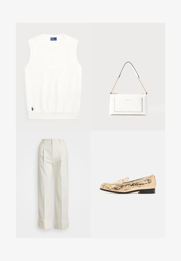 White sleeveless sweater made of smooth cotton, featuring a ribbed hem and a small navy logo on the bottom left. Simple design, no patterns.; White tailored pants featuring a high waist, double front pleats, and wide legs with folded cuffs. Made from a smooth, textured fabric.; Gold synthetic loafers with a textured finish, rounded toe, and a decorative strap. Features a low black heel and stitched detailing.; White leather handbag with a textured finish, featuring a gold chain strap and black accents. Includes a front pocket and zipper closure.