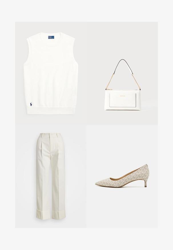 Hvid ærmeløs sweater lavet af glat bomuld, med ribkant forneden og et lille marineblåt logo nederst til venstre. Simpelt design, ingen mønstre.; Hvide skræddersyede bukser med høj talje, dobbelte frontfolder og vide ben med opfoldede manchetter. Fremstillet af en glat, struktureret stof.; Spids tå pumpe i beige stof med et geometrisk mønster, der har en lav hæl og en slank silhuet. Glat tekstur og minimale accenter.; Hvid lædertaske med tekstureret overflade, med en guldkædetras og sorte detaljer. Indeholder en frontlomme og lynlås lukning.