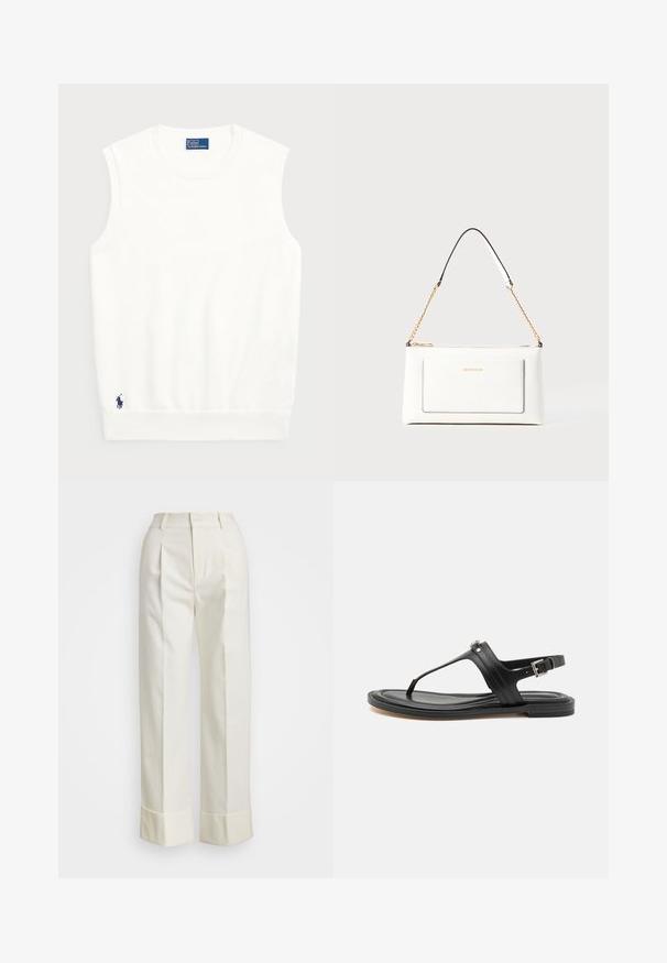 White sleeveless sweater made of smooth cotton, featuring a ribbed hem and a small navy logo on the bottom left. Simple design, no patterns.; White tailored pants featuring a high waist, double front pleats, and wide legs with folded cuffs. Made from a smooth, textured fabric.; Black leather thong sandal with an adjustable ankle strap, flat sole, and subtle stitching detail, featuring a silver accent near the toe post.; White leather handbag with a textured finish, featuring a gold chain strap and black accents. Includes a front pocket and zipper closure.