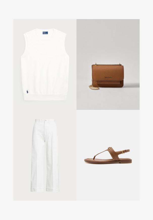 Valge ilma varrukateta kootud sviiter, mis on valmistatud siledast puuvillast, ribitud äärtega ja väikese tumesinise logoga alumises vasakus nurgas. Lihtne disain, ilma mustriteta.; Valged laiad pükse kõrge vöökohaga, mis on varustatud nööpkinnipidamise ja peente õmblusdetailidega. Valmistatud puuvillast, millel on sile tekstuur.; Pruun nahast suss, millel on vöötlus, lame tald ja reguleeritav põlvepael, millel on kuldne pandla accent.; Pruun tekstureeritud nahk ristkeha kott kuldse ahelaga rihmaga ja klapiga sulgemine. Esiküljel on logo detail ja tasku klapi all.
