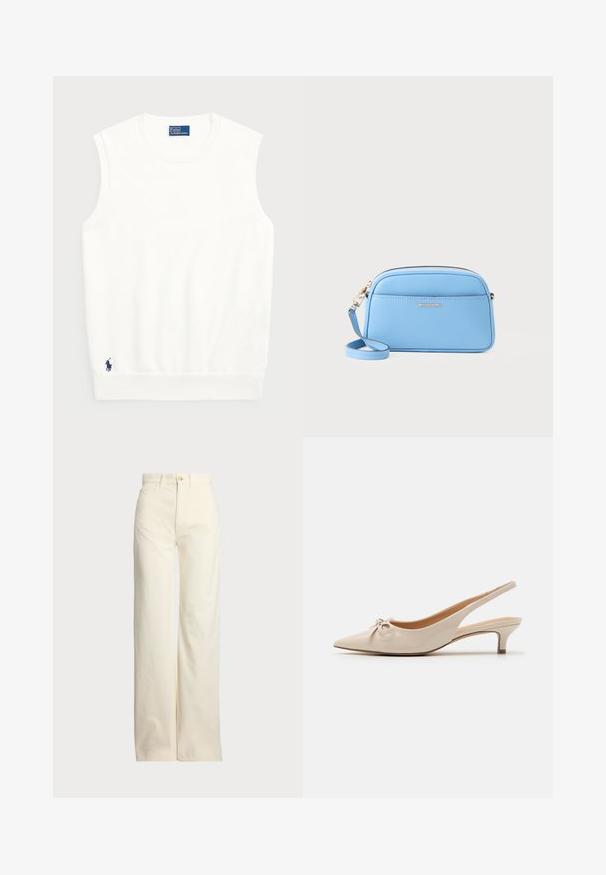 Bela brezrokavna jopica iz gladkega bombaža, z ribastim robom in majhnim mornarsko modrim logotipom na spodnjem levem delu. Preprost dizajn, brez vzorcev.; Polo Ralph Lauren COTTON CORDUROY WIDE-LEG PANT - Hlače - warm white; Beige lakasta usnjena petna obuvala s koničastim prstom in dekorativno pentljo na zgornjem delu. Imajo nizko, vitko peto in gladko teksturo.; Svetlo modra usnjena torba čez ramo z zlatimi dodatki, zadrgo in sprednjo žepko. Ima nastavljiv trak za udobje.