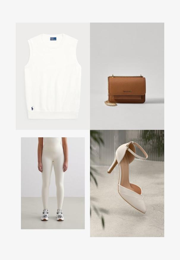 Weißer ärmelloser Pullover aus glattem Baumwollmaterial, mit einem gerippten Saum und einem kleinen marineblauen Logo unten links. Einfaches Design, keine Muster.; Helle Cremetights mit einer glatten Textur, hohem Bund und figurnaher Silhouette, kombiniert mit schwarz-weißen Sportschuhen.; Weiße High Heels aus glattem Material mit spitzem Schuhschild und Knöchelriemen. Mit einem hellbraunen Innenleben und goldfarbener Hardware-Akzentuierung.; Braune strukturierte Ledertasche mit goldener Kettenriemen und Klappenverschluss. Die Vorderseite zeigt ein Logo-Detail und eine Tasche unter der Klappe.