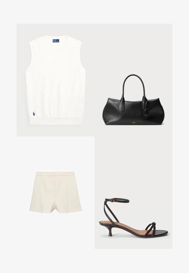 Weißer ärmelloser Pullover aus glattem Baumwollmaterial, mit einem gerippten Saum und einem kleinen marineblauen Logo unten links. Einfaches Design, keine Muster.; Cremfarbene Shorts mit einer maßgeschneiderten Passform, die eine glatte Textur, eine flache Vorderseite und subtile Falten aufweisen. Schlichtes Design ohne Verzierungen.; Polo Ralph Lauren LEATHER KITTEN-HEEL SANDAL - Pumps - black; Schwarze Lederhandtasche mit glatter Textur, runder Form, zwei Griffen und einem kleinen Anhänger. Dezentes Markenlogo in Gold auf der Vorderseite.