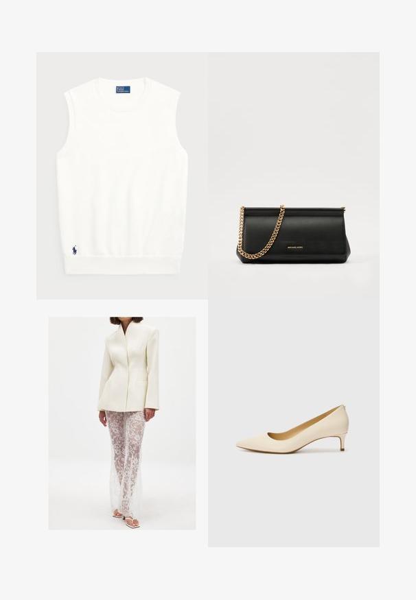 Balts bezpaliktņa džemperis, izgatavots no gludas kokvilnas, ar ribotu apmalīti un mazu tumši zilu logotipu apakšējā kreisajā stūrī. Vienkārša dizaina, bez rakstiem.; Balta struktūrētā žakete ar asu apkakli ir apvienota ar garām caurspīdīgām mežģīnēm, kas rotātas ar ziedu rakstiem un pieguļošu siluetu.; Bēšas smailas purngalu kurpes, izgatavotas no gludas sintētiskās vielas, ar zemu papēdi un ērti uzvelkamu dizainu ar diskrētu aizmugures detalizāciju.; Melns ādas apliecības soma ar zelta ķēdes siksnu, ar gludu tekstūru, taisnstūra formu un izspiestu zīmolu uz priekšpuses.