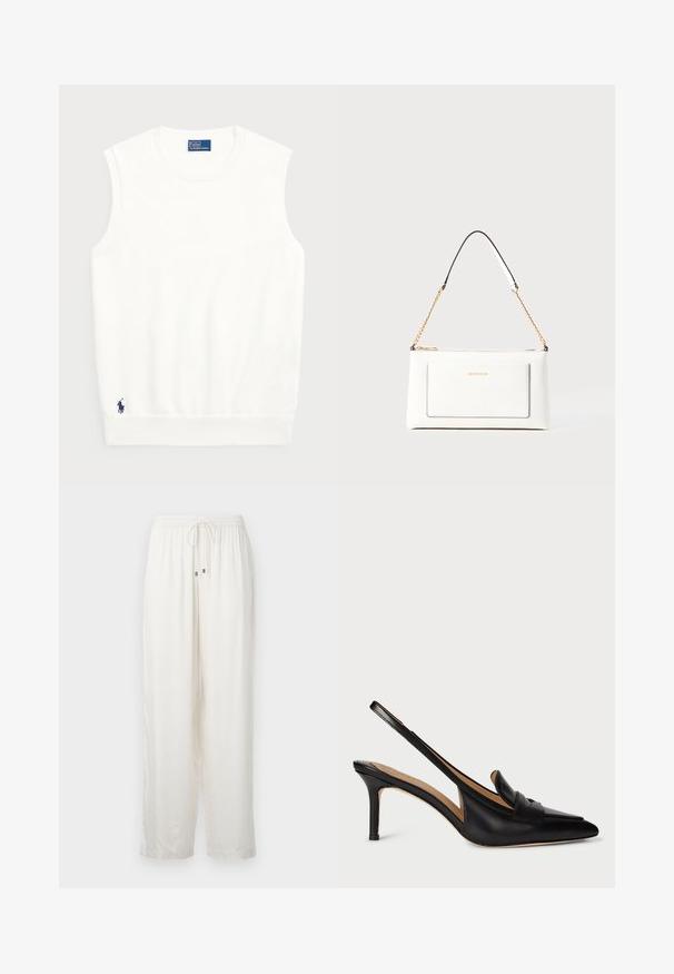 Valkoinen hihaton villapaita, joka on valmistettu sileästä puuvillasta. Siinä on ribattu helma ja pieni tummansininen logo vasemmassa alakulmassa. Yksinkertainen muotoilu, ei kuvioita.; Valkoiset, kevyet, löysät housut, joissa on joustava vyötärö ja nyöri. Siinä on hienovarainen kiilto ja suorat lahkeet.; Musta nahkainen slingback-pumppu, jossa on teräväkärkinen muotoilu, matala korko ja koristeellinen hihna jalan päällä. sileä rakenne ja minimalistinen muotoilu.; Valkoinen nahkalaukku tekstuuripinnalla, jossa on kultaketjuolkaimet ja mustia yksityiskohtia. Mukana etutasku ja vetoketjusulku.