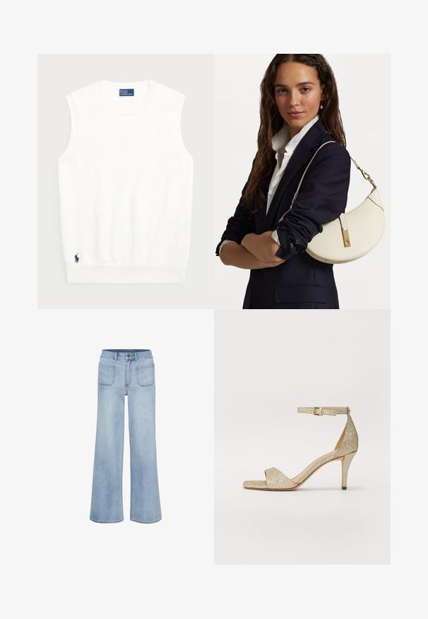 Suéter blanco sin mangas hecho de algodón suave, con un dobladillo acanalado y un pequeño logo azul marino en la parte inferior izquierda. Diseño simple, sin patrones.; Jeans de pernera ancha en azul claro, confeccionados en denim, con una cintura alta, cinco bolsillos y un acabado limpio en el dobladillo.; Sandalia de tacón alto dorada con purpurina, con correa para el tobillo, punta abierta y parte delantera en forma cuadrada. Presenta un tacón delgado y afilado para mayor elevación.; Bolso de mano de cuero blanco con forma curva, herrajes dorados y un acabado texturizado, llevado sobre un blazer oscuro y una camisa blanca.