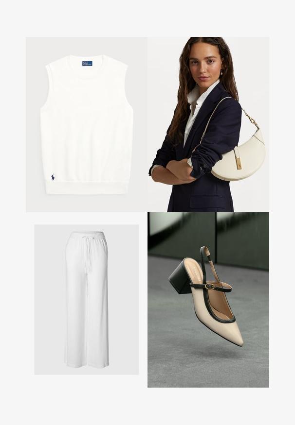 Valge ilma varrukateta kootud sviiter, mis on valmistatud siledast puuvillast, ribitud äärtega ja väikese tumesinise logoga alumises vasakus nurgas. Lihtne disain, ilma mustriteta.; Valged laiad püksid kergest kangast, elastse vöökoha ja nööriga, sileda tekstuuriga.; Beesidega teravatoe slingback king, musta äär ja kuldne pandla, tummise plokk-kontsa peal hallil põrandal tumesinise tausta ees.; Valge nahast käekott kumerate kujunditega, kuldsete detailide ja tekstuuriga viimistlusega, kanda tumesinise bleiseri ja valge särgiga.