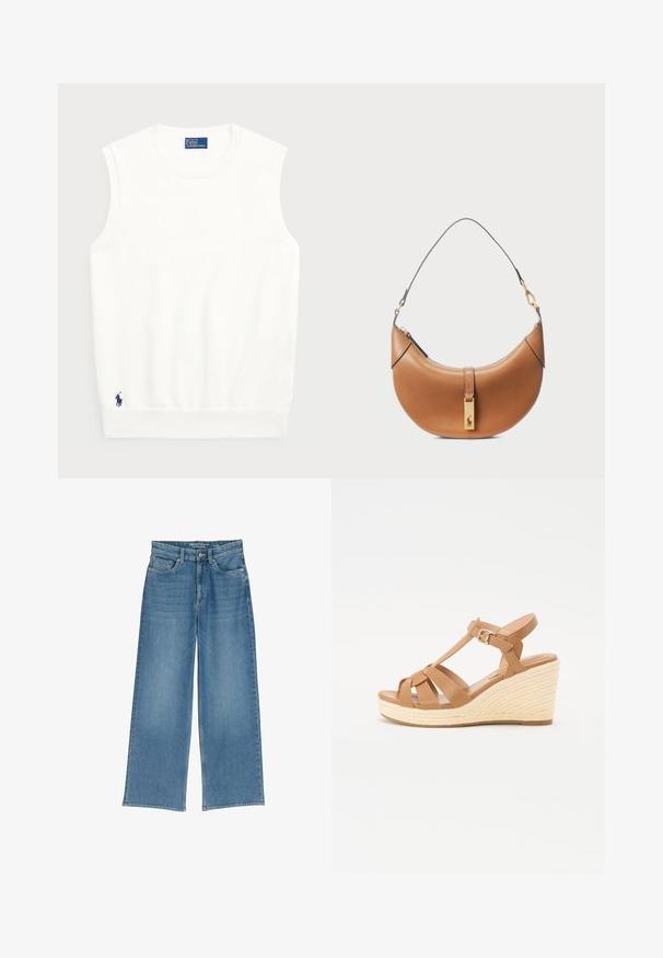 Bela brezrokavna jopica iz gladkega bombaža, z ribastim robom in majhnim mornarsko modrim logotipom na spodnjem levem delu. Preprost dizajn, brez vzorcev.; Svetlo modri široki jeans hlače iz jeansa z visokim pasom, petimi žepi in vidnim šivom; tkanina ima rahlo teksturiran videz.; Sandalice z večjim peto v bež barvi z navzkrižno naramnicami, nastavljivim paščkom okoli gležnja in teksturirano pleteno espadrillo-stil peto.; Torbica iz rjavega usnja s ukrivljeno obliko, z zlatimi dodatki in tankim naramnim trakom. Ima zadrgo za zapiranje in detajl logotipa na sprednji strani.