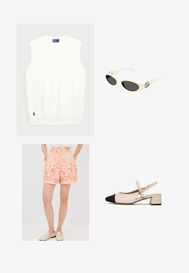 Suéter blanco sin mangas hecho de algodón suave, con un dobladillo acanalado y un pequeño logo azul marino en la parte inferior izquierda. Diseño simple, sin patrones.; Pantalones cortos con estampado floral en color coral, con pliegues y dobladillos enrollados. Fabricados en una tela ligera, cuentan con dos bolsillos laterales para mayor comodidad.; Zapato slingback de cuero beige con punta negra, tacón cuadrado y correa al tobillo ajustable. Textura suave y diseño minimalista.; Gafas de sol color crema con lentes ovalados, tinte negro y acentos metálicos con logotipo en las patillas. Textura suave, diseño de ojo de gato.; Bolso de mano de cuero blanco con forma curva, herrajes dorados y un acabado texturizado, llevado sobre un blazer oscuro y una camisa blanca.