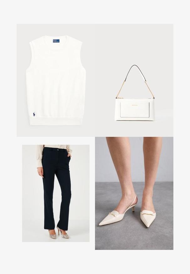 Bijela bezrukavna majica izrađena od glatkog pamuka, s rebrastim donjim rubom i malim mornarsko plavim logotipom na donjoj lijevoj strani. Jednostavan dizajn, bez uzoraka.; Krojene hlače tamnoplave boje s glatkom teksturom, ravnim nogavicama, prednjim džepovima i kopčanjem na gumb, uparene s metalik potpeticama.; Kremaste, šiljaste slingback štikle s uskom srednjom potpeticom, s zlatnim lancem kao akcentom na prednjem dijelu i glatkom kožnom teksturom.; Bijela kožna torba s teksturiranim završetkom, koja ima zlatni lančić i crne akcentne detalje. Uključuje prednji džep i zatvaranje na patentni zatvarač.