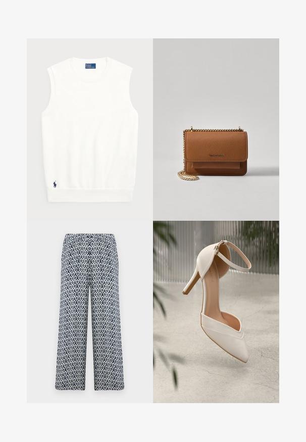 White sleeveless sweater made of smooth cotton, featuring a ribbed hem and a small navy logo on the bottom left. Simple design, no patterns.; Printed wide-leg trousers with an elastic waistband. Features a geometric navy and white pattern on a lightweight fabric.; White high-heeled shoe in smooth material with pointed toe and ankle strap. Features a light tan interior and gold-tone hardware accent.; Brown textured leather crossbody bag with gold chain strap and flap closure. Front features logo detail and a pocket under the flap.