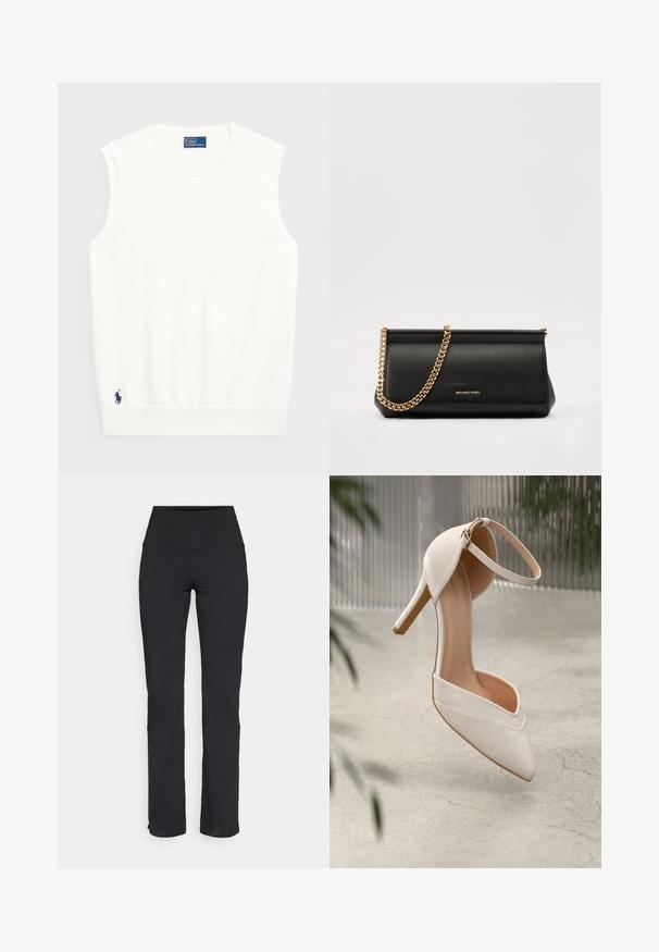 Valge ilma varrukateta kootud sviiter, mis on valmistatud siledast puuvillast, ribitud äärtega ja väikese tumesinise logoga alumises vasakus nurgas. Lihtne disain, ilma mustriteta.; Mustad kõrge vöökohaga mustad legginsid, valmistatud elastsetest kangast, sujuva tekstuuriga ja otsekardinate säärenäidikutega. Ilma nähtavate mustrite või aktsendita.; Valged kõrged kontsad siledast materjalist, terava ninaga ja pahkluu rihmaga. Omab heledat pruunikat sisetalu ja kuldset riistvara aktsenti.; Mustast nahast klamberkott kuldse kettrihmaga, millel on sile tekstuur, ristkülikuline kuju ja esiküljel reljeefne brändingu märk.