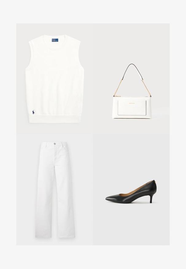 White sleeveless sweater made of smooth cotton, featuring a ribbed hem and a small navy logo on the bottom left. Simple design, no patterns.; White wide-leg jeans made from cotton denim. Features a button and zip fly, classic front pockets, and a clean, unembellished design.; Black leather pump with a pointed toe, low heel, and a smooth texture. Features a slight opening at the front and minimal hardware at the back.; White leather handbag with a textured finish, featuring a gold chain strap and black accents. Includes a front pocket and zipper closure.