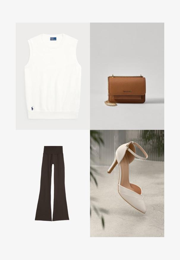 Weißer ärmelloser Pullover aus glattem Baumwollmaterial, mit einem gerippten Saum und einem kleinen marineblauen Logo unten links. Einfaches Design, keine Muster.; Dunkelbraune ausgestellte Leggings mit einem breiten, gerippten Taillenbund. Hergestellt aus weichem, dehnbarem Material, mit einem nahtlosen Design und ohne sichtbare Beschläge.; Weiße High Heels aus glattem Material mit spitzem Schuhschild und Knöchelriemen. Mit einem hellbraunen Innenleben und goldfarbener Hardware-Akzentuierung.; Braune strukturierte Ledertasche mit goldener Kettenriemen und Klappenverschluss. Die Vorderseite zeigt ein Logo-Detail und eine Tasche unter der Klappe.