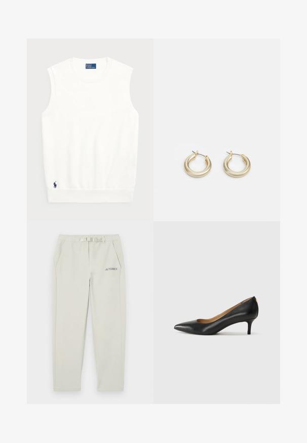 Fehér ujjatlan pulóver sima pamutból, bordás szegéllyel és kis sötétkék logóval a bal alsó részen. Egyszerű dizájn, minta nélkül.; Világosszürke sportnadrág, elasztikus derékkal, övrészlettel, két oldalsó zsebbel és egy kis kék "TERREX" logóval a bal combon.; Fekete bőrpumpa hegyes orral, alacsony sarokkal és sima felülettel. Elöl enyhe nyílással rendelkezik, hátul pedig minimális részletezéssel.; Lauren Ralph Lauren BASIC SMALL HOOP - Fülbevalók - gold-coloured