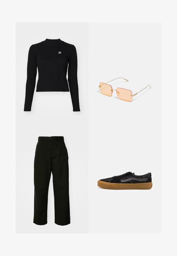 Zwarte lange mouw top met een ribbelstructuur, hoge halslijn en een klein geborduurd logo op de linkerborst. Beschikt over een aansluitend cropped ontwerp.; Zwarte, wijde broek van duurzaam katoen. Voorzien van een knoopsluiting en zijzakken. Soepele textuur en zorgvuldig afgewerkt.; Zwarte suède sneakers met witte stiksels en een kenmerkende zijstrip, voorzien van een tan rubberen zool en een low-top ontwerp. Geknoopt met zwarte veters.; Gouden metalen montuur zonnebril met rechthoekige oranjerode glazen. Kenmerkende dunne armen en subtiele textuuraccenten nabij de scharnieren.; Gouden oorringen, dun en rond van vorm, met een gladde metallic afwerking en zonder versieringen of patronen.