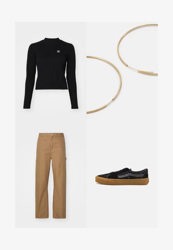 Melnas garām piedurknēm top ar ribota tekstūra, augstu kakla izgriezumu un mazu izšūtu logotipu kreisajā krūtīs. Iezīmēta pieguļošā īsajā dizainā.; Gaiši brūnas, taisnas bikses, izgatavotas no kokvilnas un sintētisko šķiedru maisījuma. Ar priekšējo pogu aizdari un divām sānu kabatām; gluda, matēta tekstūra.; Melnbra zamša sporta apavi ar baltām šuvēm un raksturīgo sānu strīpu, ar brūnu gumijas zoli un zemu dizainu. Saistīti ar melnām šņorēm.; Zelta krāsas auskari gredzena formā, plāni un apaļi, ar gludu metāla apdari un bez rotājumiem vai zīmējumiem.