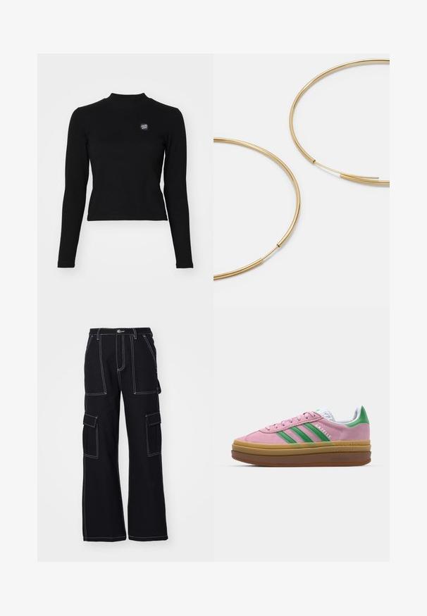 Čierny top s dlhým rukávom a ryhovanou textúrou, s vysokým výstrihom a malým vyšitým logom na ľavej strane hrude. Má priliehavý, skrátený strih.; Santa Cruz WORKERS PANT - Kapsáče - black/white; Ružové semišové tenisky so zelenými pruhmi, bielymi akcentmi a hnedou gumovou podrážkou. Obsahujú textúrovanú tkaninu a logo na boku.; Zlaté kruhové náušnice, tenké a okrúhleho tvaru, s hladkým kovovým povrchom a bez ozdôb alebo vzorov.
