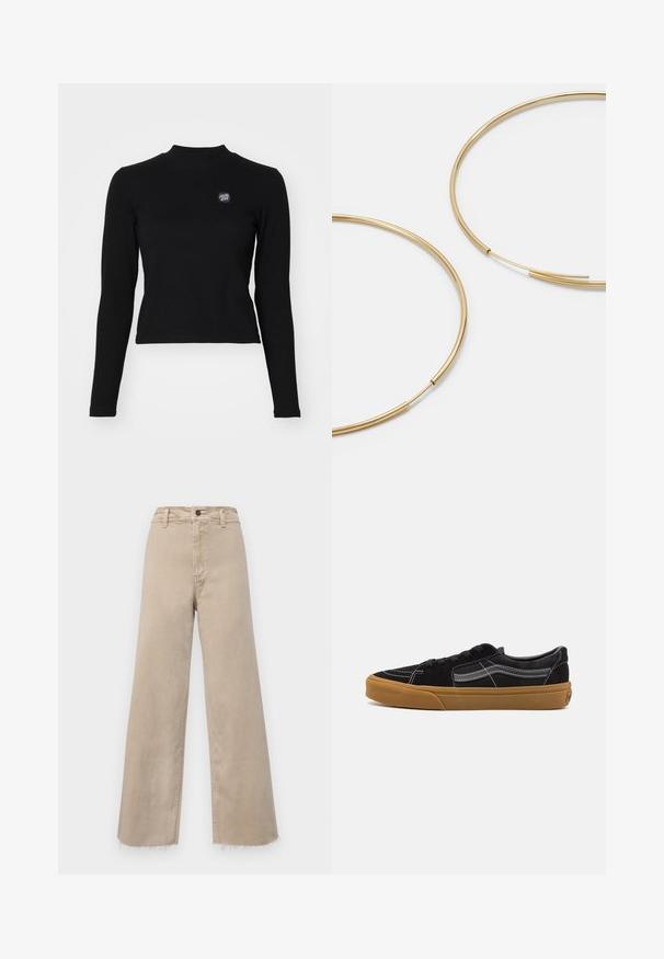 Czarna bluzka z długim rękawem o ribbowanej fakturze, z wysokim dekoltem i małym haftowanym logo po lewej stronie klatki piersiowej. Ma dopasowany krótki krój.; Beżowe dżinsy szerokie z nogawkami, wykonane z denimu, z wysokim stanem, postrzępionym dołem oraz klasycznym pięciokomorowym fasonem. Idealne do codziennych stylizacji.; Czarne zamszowe sneakersy z białym przeszyciem i charakterystycznym bocznym paskiem, charakteryzujące się brązową gumową podeszwą i niskim fasonem. Sznurowane czarnymi sznurowadłami.; Złote kolczyki w kształcie cienkich okrągłych obręczy, o gładkim metalicznym wykończeniu, bez zdobień czy wzorów.