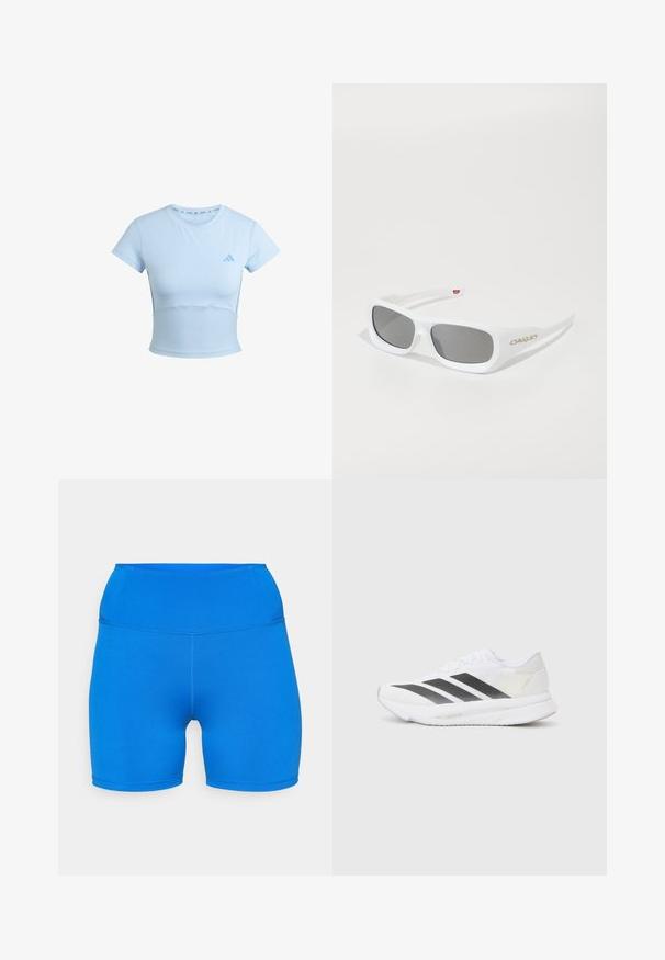 Svijetloplavi skraćeni sportski majica s kratkim rukavima, rebrasti donji dio i suptilan logo na prsima. Glatka tekstura, prilagođen dizajn.; Plave sportske kratke hlače izrađene od rastezljivog, prozračnog materijala. Imaju visok struk i bešavni dizajn, idealne za udobnost i kretanje.; Bijela atletska cipela s crnim dijagonalnim trakama, mrežastim gornjim dijelom, zaobljenim prstom i teksturiranim potplatom. Akcenti uključuju srebrnu petu i minimalistički dizajn.; Bijele pravokutne Oakley sunčane naočale s tamnim staklima odmaraju se na bijeloj površini, logo vidljiv sa strane.