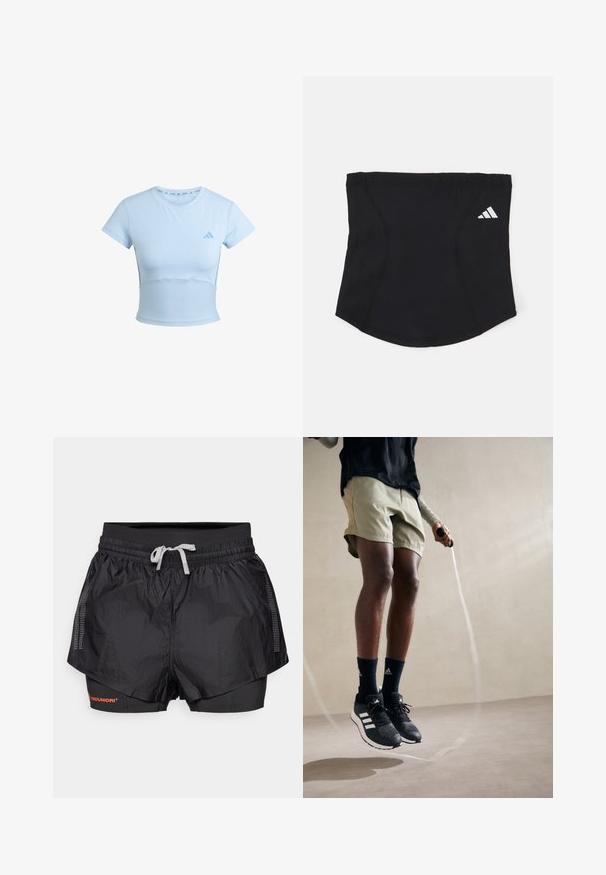 Vaaleansininen lyhythihainen urheilupaita, jossa on lyhyet hihat, uurresreuna alaosassa ja huomaamaton logo rinnassa. Sileä pinta, istuva malli.; Mustat urheilusortsit, joissa on teksturoidun ulkopinnan, verkkopaneloinnin ja sisäisen istuvan kerroksen. Varustettu joustavalla vyötäröllä, jossa on naru.; Mustat urheilukengät valkoisilla raidoilla, oliivinvihreät lyhyet housut ja tummansiniset sukat. Hyppynaru on henkilön käsissä. Neutraali tausta.; Musta urheilupanta, jossa on sileä pinta, kaareva muoto ja joustava yläosa. Sivussa on pieni valkoinen Adidas-logo.