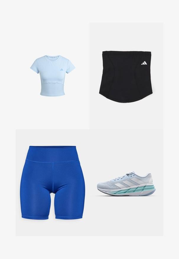 T-shirt de sport coupe courte bleu clair avec des manches courtes, section inférieure côtelée et logo subtil sur la poitrine. Texture lisse, design ajusté.; ONLY Play ONPJAM JIMBO TRAIN SHORTS - Leggings - surf the web; Baskets de sport bleu clair avec un dessus en tricot texturé, des accents blancs et une semelle intermédiaire transparente verte. Bout arrondi et col rembourré.; Bandeau de sport noir avec une texture lisse, une forme courbée et un dessus élastique. Présente un petit logo Adidas blanc sur le côté.