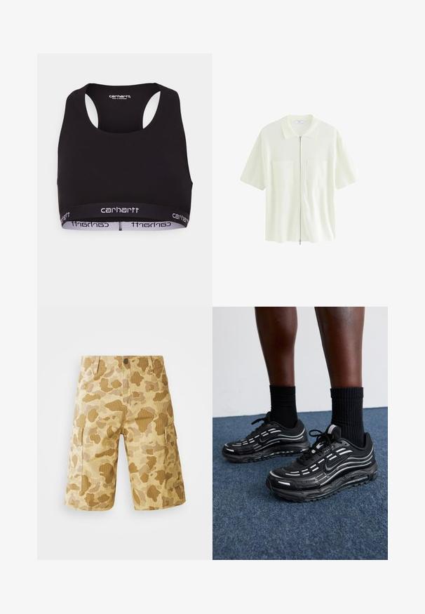 Sujetador deportivo negro con escote redondo y diseño de espalda nadadora. Presenta una cinturilla reforzada con el logotipo blanco de "carhartt". Textura del tejido suave.; Camisa blanca de manga corta y cremallera, hecha de tela texturizada, con un cuello tipo polo y dos bolsillos frontales con solapas cuadradas.; Pantalones cortos de carga beige con un patrón de camuflaje en tonos marrones, que presentan bolsillos laterales, una cinturilla con botón y una textura de costura vertical.; Las zapatillas Nike negras presentan una parte superior de malla con franjas de acento, cordones texturizados y una suela de goma negra. Se llevan con calcetines negros de canalé.