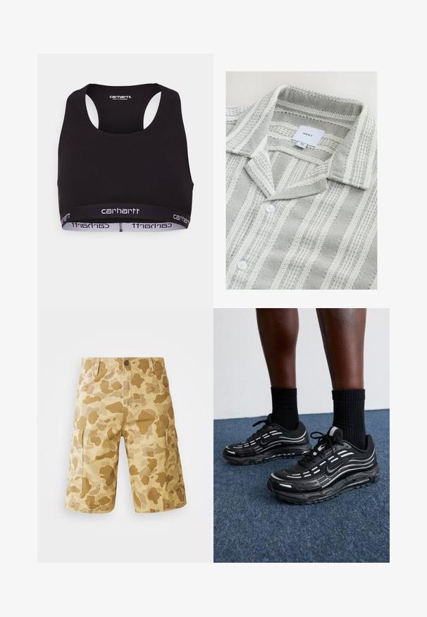 Čierny športový podprsenka s okrúhlym výstrihom a dizajnom so závodným chrbtom. Obsahuje zosilnený pás s bielym brandingom "Carhartt". Mäkka textúra látky.; Pruhovaná šedá a biela košeľa s textúrovanou tkaninou, s klasickým golierom, zapínaním na gombíky a štítkom.; Bežové cargo šortky s kamuflážovým vzorom v odtieňoch hnedej, s bočnými vreckami, gombíkovým pásom a vertikálnou textúrou ryhovania.; Čierne tenisky Nike majú sieťkový zvršok s akcentovými pruhmi, textúrovaným šnurovaním a čiernu gumovú podrážku. Nosené s čiernymi rebrovanými ponožkami.