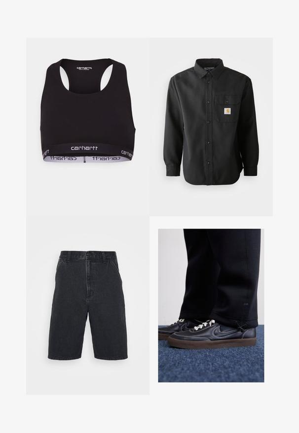 Black sports bra with a round neckline and racerback design. Features a reinforced waistband with white "carhartt" branding. Soft fabric texture.; Black long-sleeve shirt with a buttoned front, pointed collar, and a chest pocket featuring a logo patch. Soft, textured fabric.; Black denim shorts with a straight cut, featuring a button closure and two side pockets. Incomplete hem with subtle fading details.; Nike Sportswear KILLSHOT 2 LTR PRM OPP2 - Trainers - black sail baroque brown mtlc dk grey