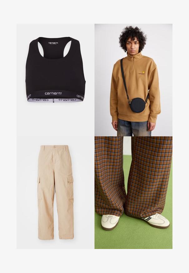 Černá sportovní podprsenka s kulatým výstřihem a designem s otevřenými zády. Obsahuje zesílený pas s bílým logem "Carhartt". Měkká textilie.; Beige cargo kalhoty s volným střihem, vyrobené z lehkého materiálu, s dvěma postranními cargo kapsami a knoflíkovým zapínáním v pase.; Hnědo-modré kostkované široké kalhoty doplněné bílými botami s černými akcenty a texturovanou podrážkou, umístěné na zeleném pozadí.; Hnědý fleecový svetr s krátkým zipem a vyšitým logem, s černou kulatou crossbody taškou se zipem a detailem loga, nošený přes džíny.