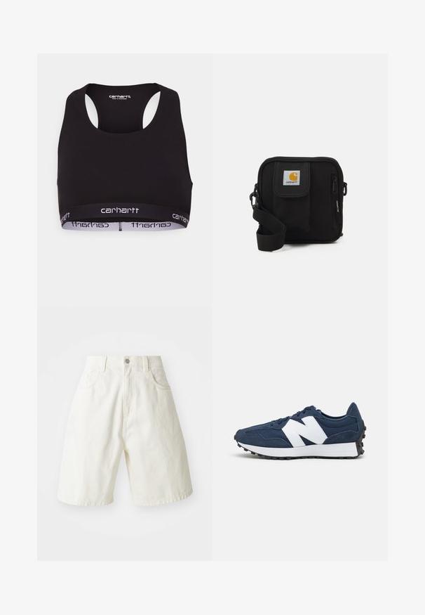 Zwarte sportbeha met een ronde halslijn en racerback ontwerp. Voorzien van een versterkte tailleband met witte "carhartt" branding. Zachte stof textuur.; Witte denim short met een relaxte pasvorm, voorzien van een tailleband, vijf zakken en rechte pijpen. De stof heeft een lichte textuur.; Marineblauwe sportschoenen met wit logo, bovenwerk van suede en mesh, met een gevoerde kraag, platte veters en een gestructureerde zwarte rubberen zool.; Zwarte schoudertas met een rits hoofdcompartiment, voork pocket, verstelbare strap en een zichtbaar logo op de klep.