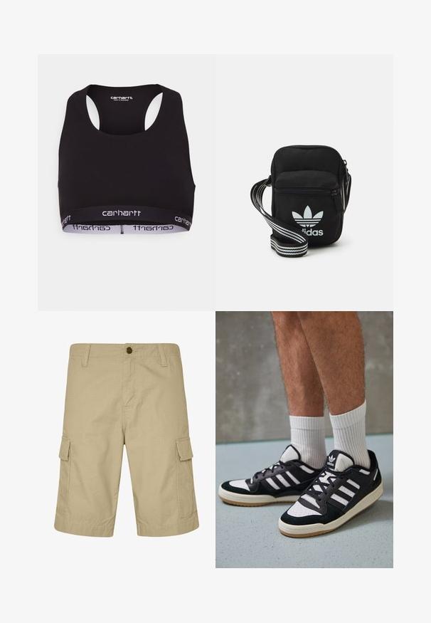 Čierny športový podprsenka s okrúhlym výstrihom a dizajnom so závodným chrbtom. Obsahuje zosilnený pás s bielym brandingom "Carhartt". Mäkka textúra látky.; Béžové cargo šortky vyrobené z ľahkého materiálu, s plochým predným dielom, bočnými vreckami a textúrovaným vzorom, určené na každodenné nosenie.; Čierno-biele tenisky s vrchom z semišu a kože, s troma bielymi pruhmi, perforovanou špičkou a gumovou podrážkou.; Čierna textilná crossbody taška so zipsovým uzáverom, ktorá má biele logo Adidas a pruhovaný nastaviteľný popruh pre jednoduché nosenie.