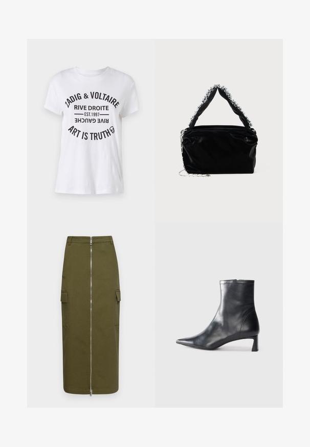 Weißes Baumwoll-T-Shirt mit fettem schwarzen Text, der den Markennamen, den Standort, das Gründungsdatum und den Slogan in einem kreisförmigen Layout zeigt. Rundhalsausschnitt.; Olivenfarbener Cargo-Rock aus Baumwollmischung, mit einem zentralen Reißverschluss und zwei seitlichen Taschen für zusätzlichen Nutzen.; Schwarze Lederstiefelette mit spitzer Zehe und schlankem Design. Verfügt über einen niedrigen Absatz und einen Reißverschluss hinten. Glatte Textur.; Schwarze Handtasche aus Kunstleder mit strukturiertem Finish, ausgestattet mit einem mit Perlen verzierten silbernen Akzent am oberen Griff und einem Kettenriemen.