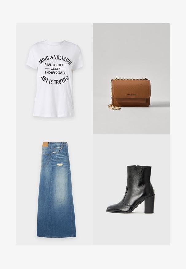Bílý bavlněný tričko s výrazným černým textem obsahujícím název značky, lokaci, rok založení a slogan v kruhovém uspořádání. Kulatý výstřih.; Džínová maxi sukně v světle modré barvě s vysokým pasem, s opotřebovanými detaily, kapsami a rovnou siluetou, vyrobená z bavlněné tkaniny.; Černé kožené kotníkové boty s hladkou texturou, špičatou špičkou a robustním vysokým podpatkem. Mají boční otvor a minimalistický design.; Hnědá texturovaná kožená kabelka přes rameno se zlatým řetízkovým popruhem a klopnovým uzavíráním. Přední strana obsahuje detail loga a kapsu pod klopou.
