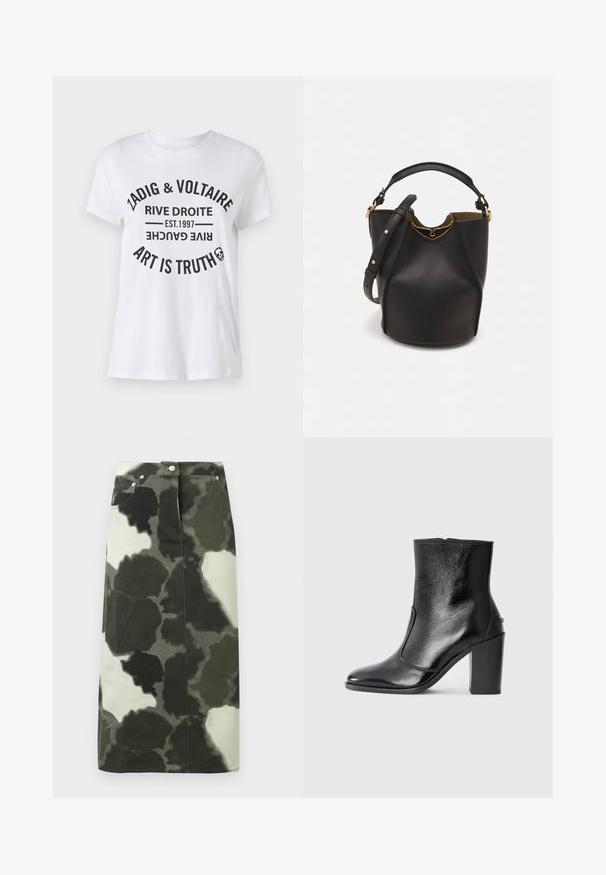 Valge puuvillane T-särk, millel on julge must kiri, kus on brändi nimi, asukoht, asutamise kuupäev ja loosung ringikujuliselt. Ümar kaelus.; Tume roheline ja must kamuflaažiga teksaseelik, millel on kõrge vöökoht, neli taskut ja metallist detailid. Keskmise pikkusega ja sirge lõikega.; Must kõvale nahast pahklipsu saapad, millel on sile tekstuur, terav varvas ja paks kõrge kann. Omab külgavatust ja minimalistlikku disaini.; Mustast nahkämbriga kott tekstuurses viimistluses, kuldsete metalldetailide aktsentidega ja avatud ülaosaga. Omab lühikest käepidet ja reguleeritavat õlavarre rihma.