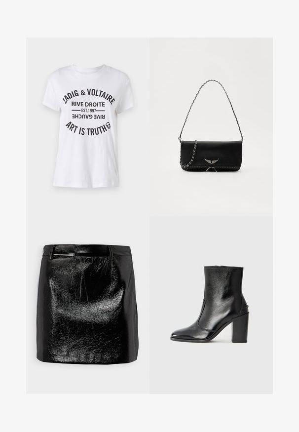 Balta kokvilnas T-kreklu ar izteiksmīgu melnu tekstu, kurā ir zīmola nosaukums, atrašanās vieta, dibināšanas datums un sauklis apļa izkārtojumā. Apaļas kakla izgriezums.; Melnas ādas mini svārki ar mirdzošu apdari, ar gludu tekstūru, taisnu griezumu un smalkiem stitchingu elementiem vidukļa daļā.; Melnas ādas potīšu zābaki ar gludu tekstūru, smailu purngalu un masīlu augstu papēdi. Iekļauts sānu atvērums un minimālistisks dizains.; Melnas ādas rokassomā ar sudraba ķēdes siksnu, kurai ir dekoratīvi spārnu akcenti un baltā šuvēšana apakšējā šuvē.