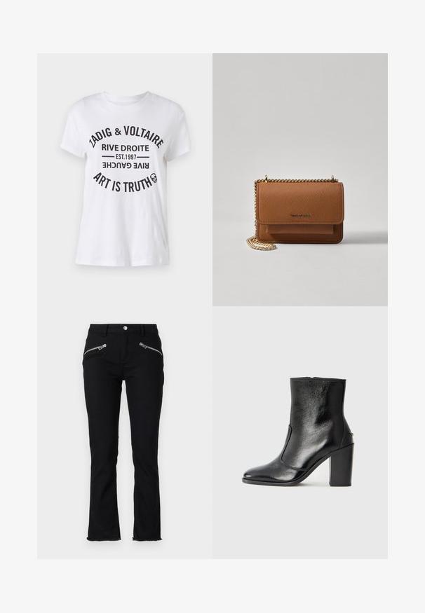 Valge puuvillane T-särk, millel on julge must kiri, kus on brändi nimi, asukoht, asutamise kuupäev ja loosung ringikujuliselt. Ümar kaelus.; Mustad teksapüksid, millel on kitsas lõige, kaks lukuga esi-taskut ja narmendavad servad. Valmistatud puuvillase segu materjalist.; Must kõvale nahast pahklipsu saapad, millel on sile tekstuur, terav varvas ja paks kõrge kann. Omab külgavatust ja minimalistlikku disaini.; Pruun tekstureeritud nahk ristkeha kott kuldse ahelaga rihmaga ja klapiga sulgemine. Esiküljel on logo detail ja tasku klapi all.