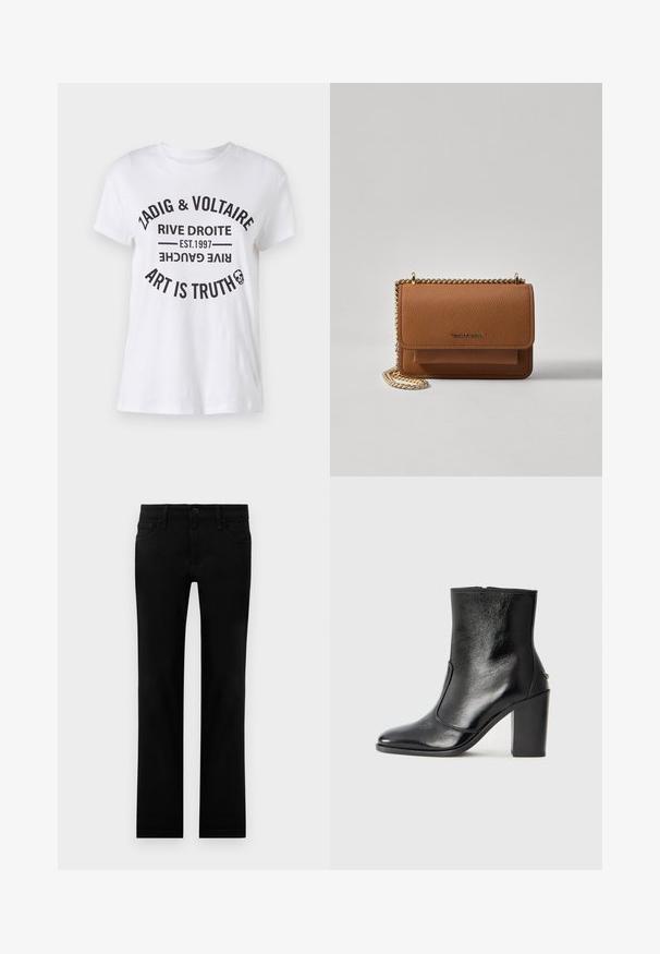 White cotton t-shirt featuring bold black text with brand name, location, established date, and slogan in a circular layout. Round neckline.; Black slim-fit jeans with front button, zip fly, and five-pocket design, displayed flat on a white background.; Black leather ankle boot with a smooth texture, pointed toe, and a chunky high heel. Features a side opening and minimalistic design.; Brown textured leather crossbody bag with gold chain strap and flap closure. Front features logo detail and a pocket under the flap.