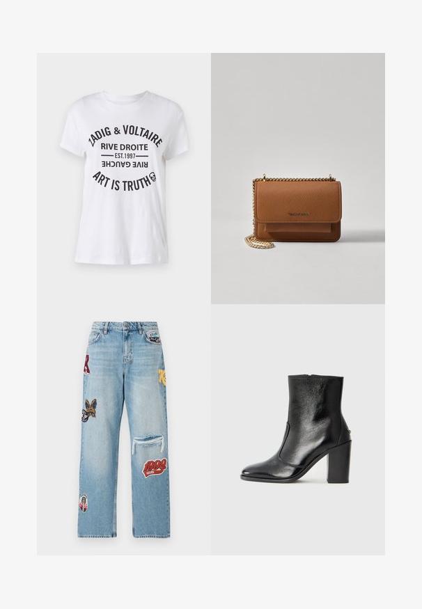 Valge puuvillane T-särk, millel on julge must kiri, kus on brändi nimi, asukoht, asutamise kuupäev ja loosung ringikujuliselt. Ümar kaelus.; Heledad sinimustest denimboksen, millel on erinevad litrid, kulunud põlv ja lai sääre lõige. Märkimisväärsed värvid on punane, kollane ja must.; Must kõvale nahast pahklipsu saapad, millel on sile tekstuur, terav varvas ja paks kõrge kann. Omab külgavatust ja minimalistlikku disaini.; Pruun tekstureeritud nahk ristkeha kott kuldse ahelaga rihmaga ja klapiga sulgemine. Esiküljel on logo detail ja tasku klapi all.