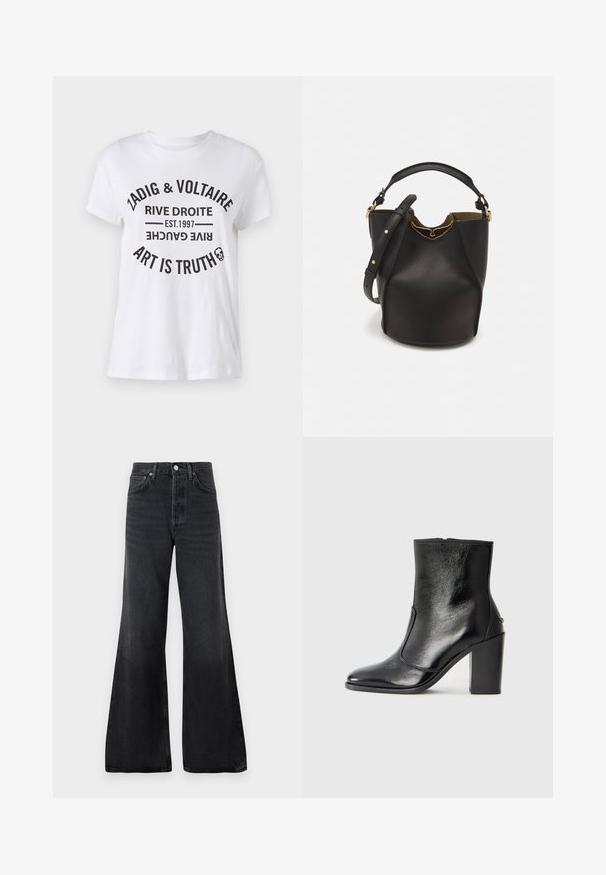 White cotton t-shirt featuring bold black text with brand name, location, established date, and slogan in a circular layout. Round neckline.; Black flared jeans made of denim, featuring a high waist, front pockets, and a button closure with metal hardware. Smooth texture overall.; Black leather ankle boot with a smooth texture, pointed toe, and a chunky high heel. Features a side opening and minimalistic design.; Black leather bucket bag with a textured finish, gold hardware accents, and an open top. Features a short handle and adjustable shoulder strap.